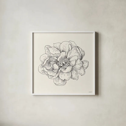 Pen and Ink Florals IV by Danhui Nai. Shown in a crisp white glass frame for a clean and minimalist style. Available as an archival giclee rolled canvas, fine art paper, or poster print. SKU 22766a.