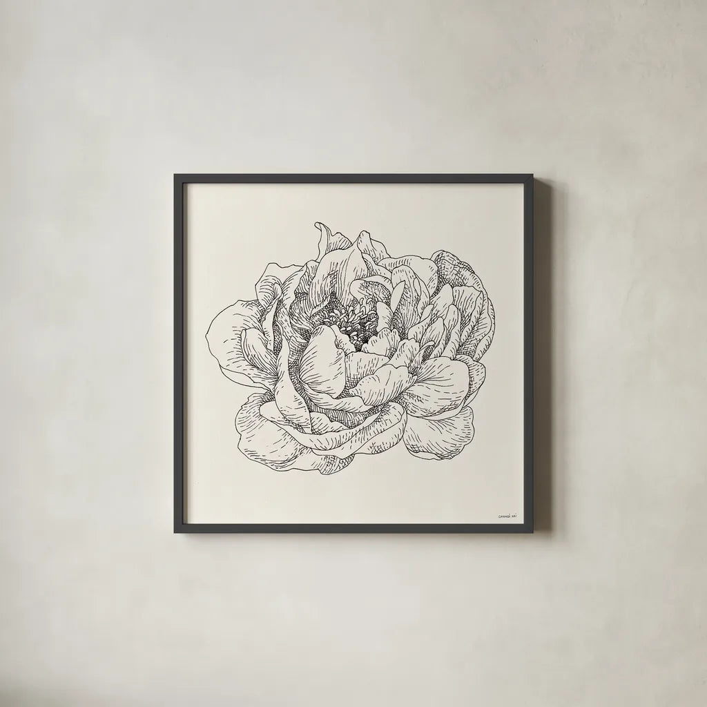 Pen and Ink Florals V by Danhui Nai. Shown in a sleek black glass frame for a contemporary gallery look. Available as an archival giclee rolled canvas, fine art paper, or poster print. SKU 22767a.