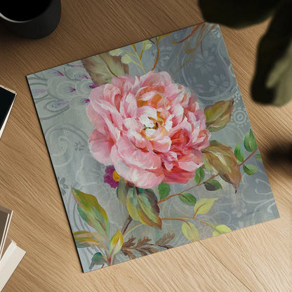 Peonies and Paisley II by Danhui Nai. Shown as a detailed flat fine art print, highlighting archival giclee quality. Available as an archival giclee rolled canvas, fine art paper, or poster print. SKU 30627a.