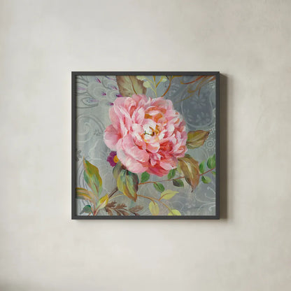 Peonies and Paisley II by Danhui Nai. Shown in a sleek black glass frame for a contemporary gallery look. Available as an archival giclee rolled canvas, fine art paper, or poster print. SKU 30627a.