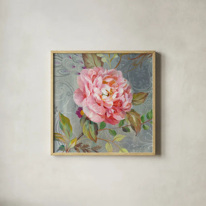 Peonies and Paisley II by Danhui Nai. Shown in a natural wood glass frame for a timeless modern aesthetic. Available as an archival giclee rolled canvas, fine art paper, or poster print. SKU 30627a.