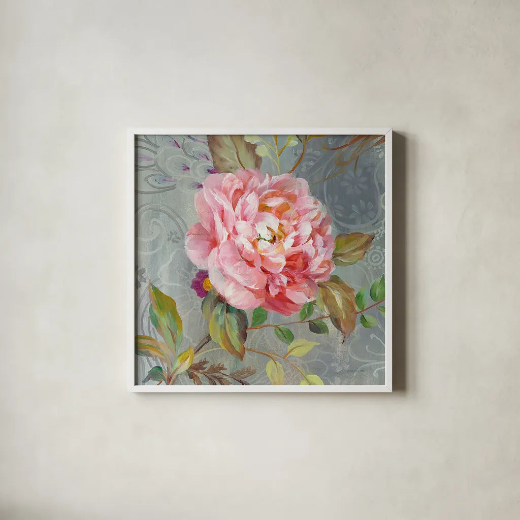 Peonies and Paisley II by Danhui Nai. Shown in a crisp white glass frame for a clean and minimalist style. Available as an archival giclee rolled canvas, fine art paper, or poster print. SKU 30627a.