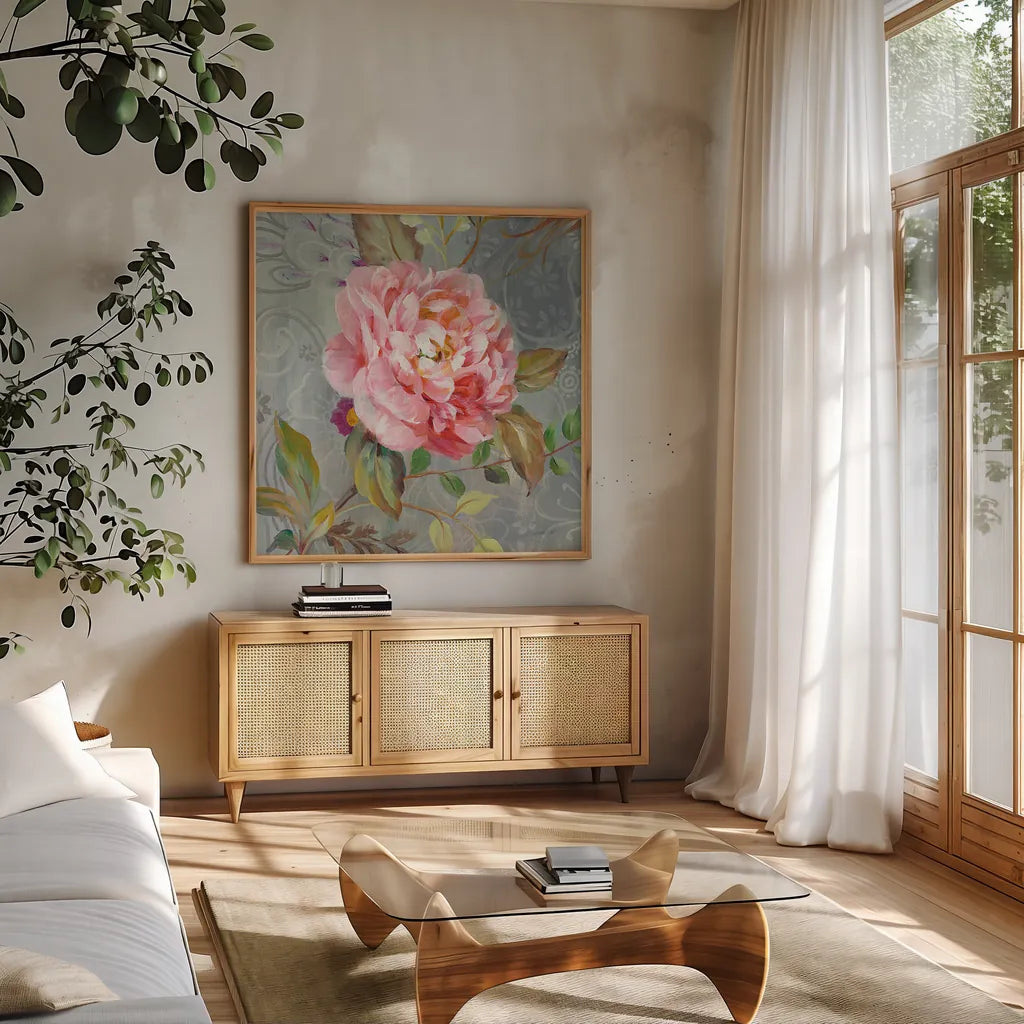 Peonies and Paisley II by Danhui Nai. Shown in a natural wood frame in a cozy modern living room. Available as an archival giclee rolled canvas, fine art paper, or poster print. SKU 30627a.