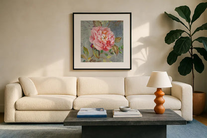 Peonies and Paisley II by Danhui Nai. Displayed in a glass frame with matte in a clean modern living room. Available as an archival giclee rolled canvas, fine art paper, or poster print. SKU 30627a.