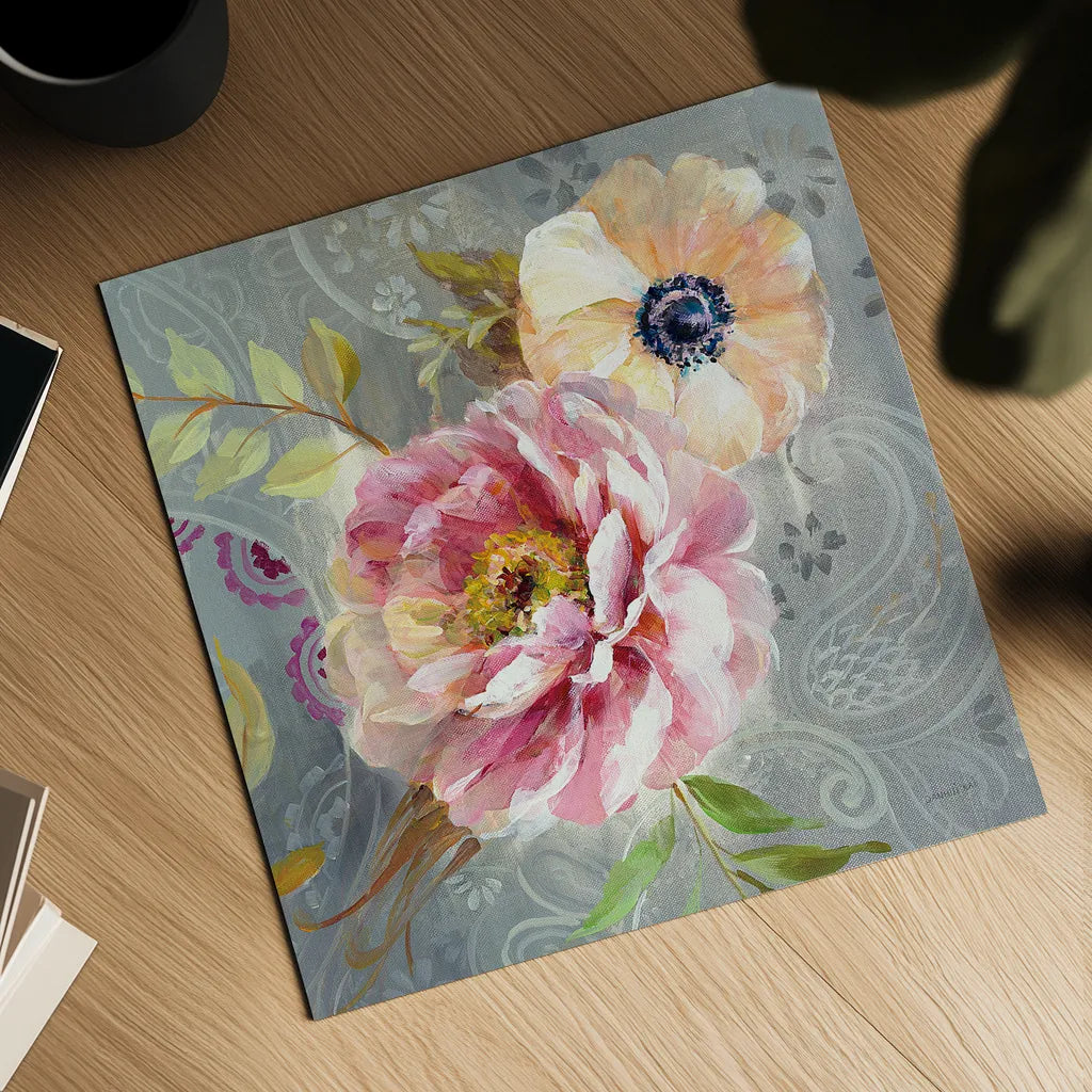 Peonies and Paisley III by Danhui Nai. Shown as a detailed flat fine art print, highlighting archival giclee quality. Available as an archival giclee rolled canvas, fine art paper, or poster print. SKU 30628a.