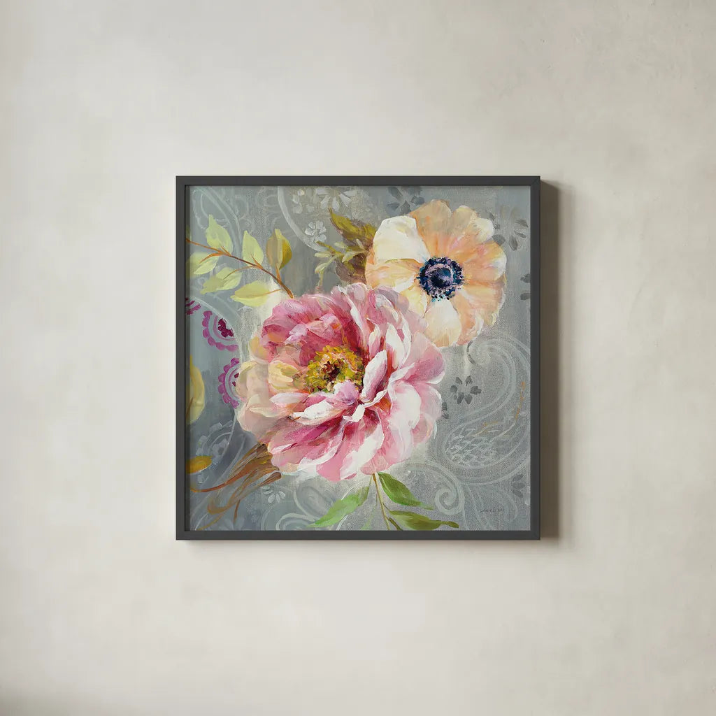 Peonies and Paisley III by Danhui Nai. Shown in a sleek black glass frame for a contemporary gallery look. Available as an archival giclee rolled canvas, fine art paper, or poster print. SKU 30628a.