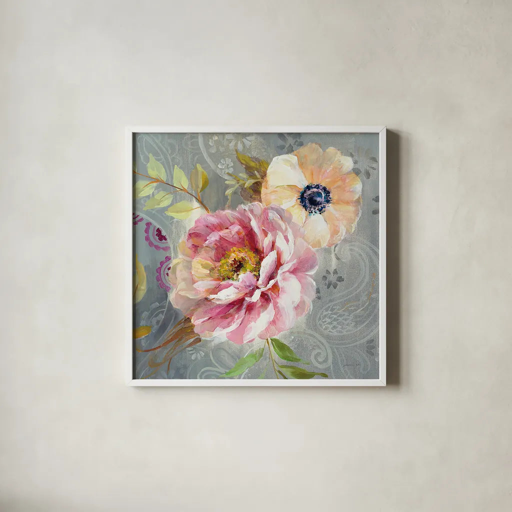 Peonies and Paisley III by Danhui Nai. Shown in a crisp white glass frame for a clean and minimalist style. Available as an archival giclee rolled canvas, fine art paper, or poster print. SKU 30628a.