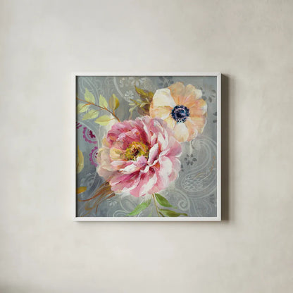 Peonies and Paisley III by Danhui Nai. Shown in a crisp white glass frame for a clean and minimalist style. Available as an archival giclee rolled canvas, fine art paper, or poster print. SKU 30628a.