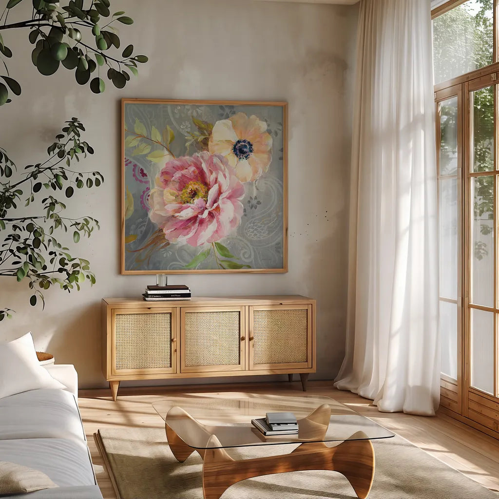 Peonies and Paisley III by Danhui Nai. Shown in a natural wood frame in a cozy modern living room. Available as an archival giclee rolled canvas, fine art paper, or poster print. SKU 30628a.