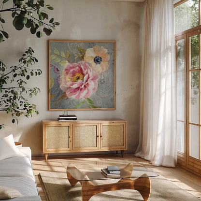 Peonies and Paisley III by Danhui Nai. Shown in a natural wood frame in a cozy modern living room. Available as an archival giclee rolled canvas, fine art paper, or poster print. SKU 30628a.