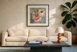 Peonies and Paisley III by Danhui Nai. Displayed in a glass frame with matte in a clean modern living room. Available as an archival giclee rolled canvas, fine art paper, or poster print. SKU 30628a.