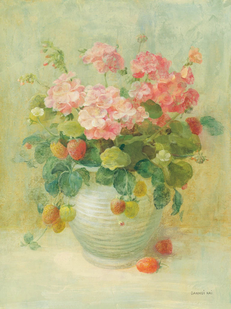 Pink Geraniums with Strawberries by Danhui Nai