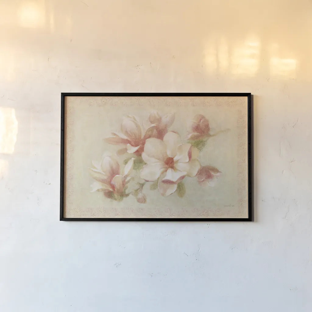 Pink Magnolia by Danhui Nai. shown as a paper print in a black flame. Available as a archival giclee rolled canvas, fine art paper, or poster print. SKU 5243i.