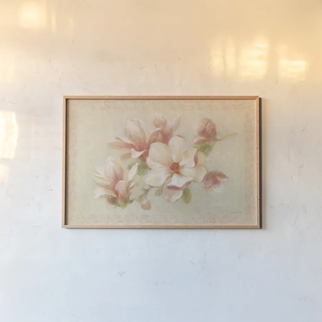 Pink Magnolia by Danhui Nai. shown as a paper print in a natural frame. Available as a archival giclee rolled canvas, fine art paper, or poster print. SKU 5243i.