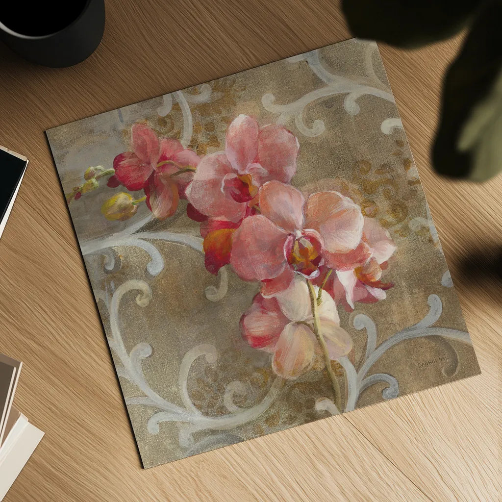 Pink Orchid by Danhui Nai. Shown as a detailed flat fine art print, highlighting archival giclee quality. Available as an archival giclee rolled canvas, fine art paper, or poster print. SKU 93199a.