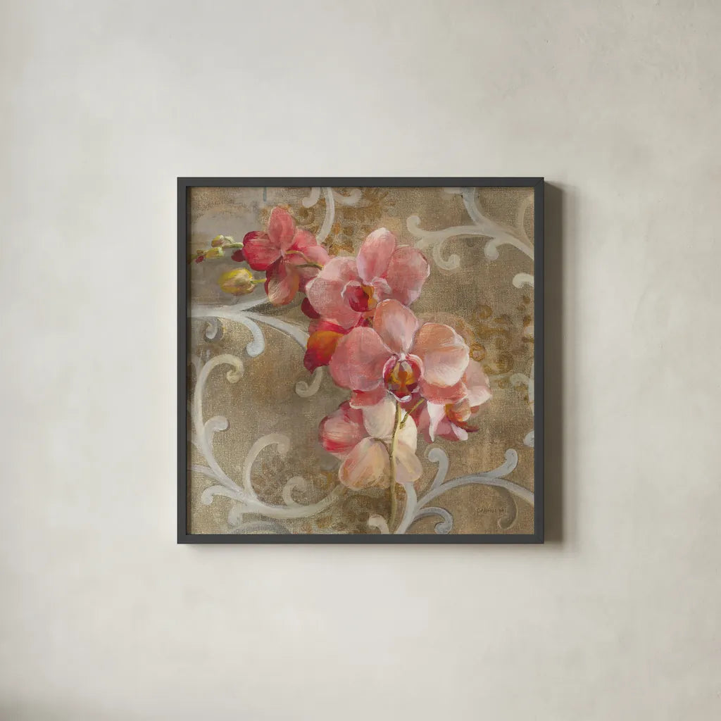 Pink Orchid by Danhui Nai. Shown in a sleek black glass frame for a contemporary gallery look. Available as an archival giclee rolled canvas, fine art paper, or poster print. SKU 93199a.