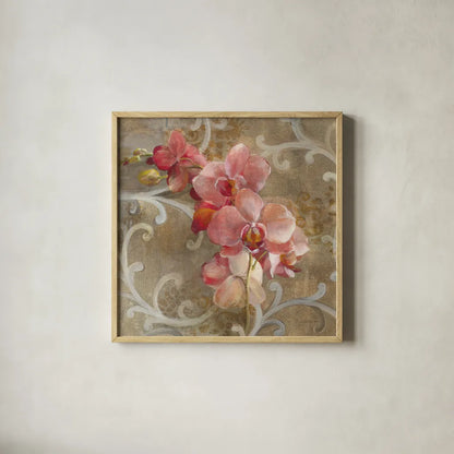 Pink Orchid by Danhui Nai. Shown in a natural wood glass frame for a timeless modern aesthetic. Available as an archival giclee rolled canvas, fine art paper, or poster print. SKU 93199a.