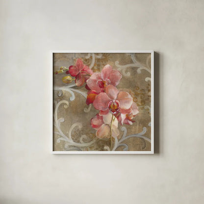 Pink Orchid by Danhui Nai. Shown in a crisp white glass frame for a clean and minimalist style. Available as an archival giclee rolled canvas, fine art paper, or poster print. SKU 93199a.