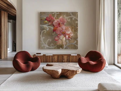 Pink Orchid by Danhui Nai. Shown as extra-large giant wall art in a modern living room. Available as an archival giclee rolled canvas, fine art paper, or poster print. SKU 93199a.