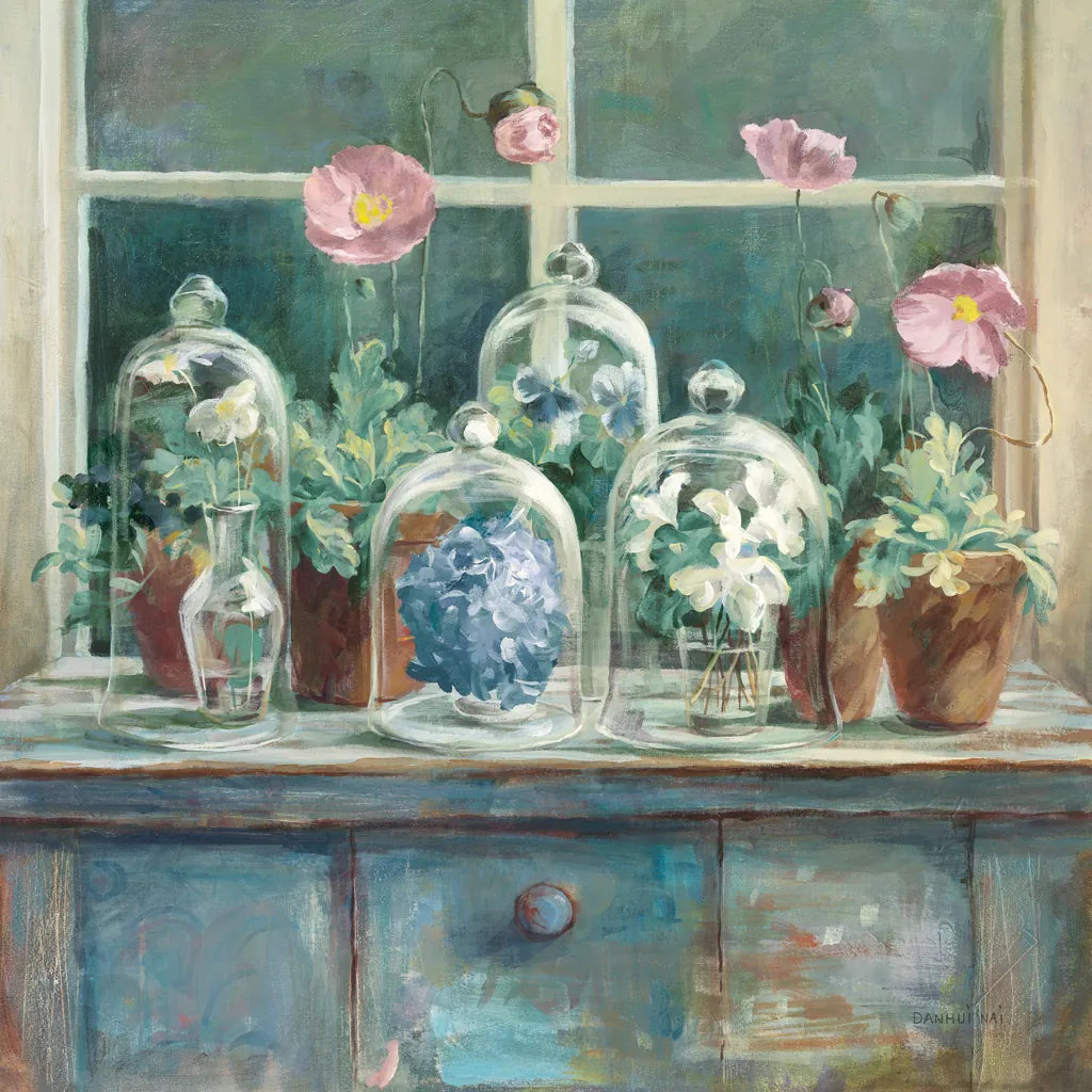 Pink Poppies Windowsill Sage by Danhui Nai. SKU 47402a. Archival Giclee Fine art print for wall decor.