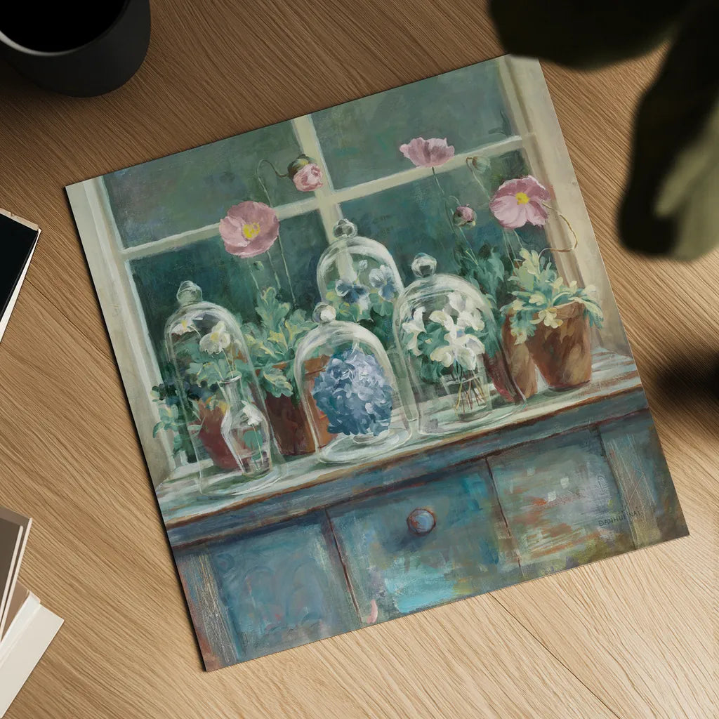 Pink Poppies Windowsill Sage by Danhui Nai. Shown as a detailed flat fine art print, highlighting archival giclee quality. Available as an archival giclee rolled canvas, fine art paper, or poster print. SKU 47402a.