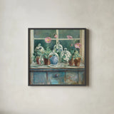 Pink Poppies Windowsill Sage by Danhui Nai. Shown in a sleek black glass frame for a contemporary gallery look. Available as an archival giclee rolled canvas, fine art paper, or poster print. SKU 47402a.