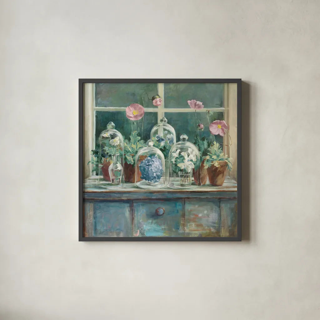 Pink Poppies Windowsill Sage by Danhui Nai. Shown in a sleek black glass frame for a contemporary gallery look. Available as an archival giclee rolled canvas, fine art paper, or poster print. SKU 47402a.