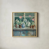 Pink Poppies Windowsill Sage by Danhui Nai. Shown in a natural wood glass frame for a timeless modern aesthetic. Available as an archival giclee rolled canvas, fine art paper, or poster print. SKU 47402a.