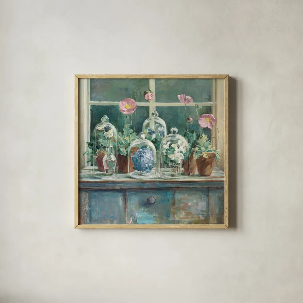 Pink Poppies Windowsill Sage by Danhui Nai. Shown in a natural wood glass frame for a timeless modern aesthetic. Available as an archival giclee rolled canvas, fine art paper, or poster print. SKU 47402a.