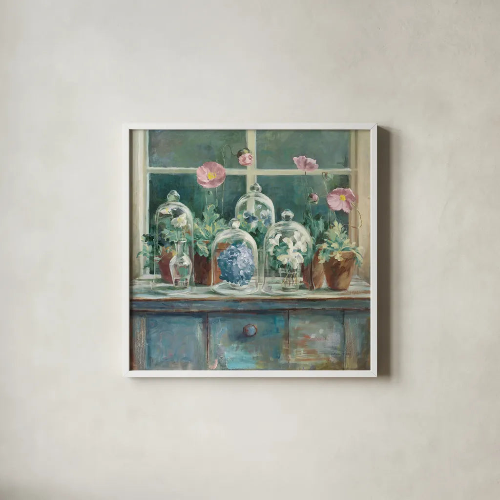 Pink Poppies Windowsill Sage by Danhui Nai. Shown in a crisp white glass frame for a clean and minimalist style. Available as an archival giclee rolled canvas, fine art paper, or poster print. SKU 47402a.