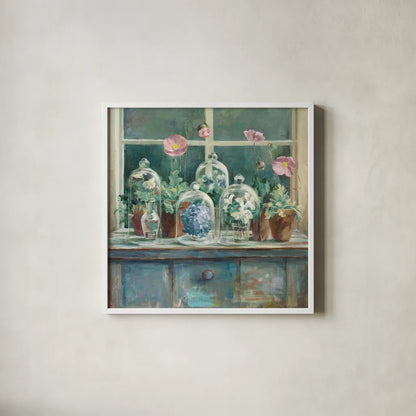 Pink Poppies Windowsill Sage by Danhui Nai. Shown in a crisp white glass frame for a clean and minimalist style. Available as an archival giclee rolled canvas, fine art paper, or poster print. SKU 47402a.