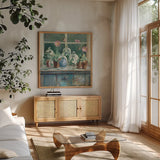 Pink Poppies Windowsill Sage by Danhui Nai. Shown in a natural wood frame in a cozy modern living room. Available as an archival giclee rolled canvas, fine art paper, or poster print. SKU 47402a.