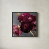 Plum Ranculus by Danhui Nai. Shown in a sleek black glass frame for a contemporary gallery look. Available as an archival giclee rolled canvas, fine art paper, or poster print. SKU 96458a.