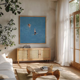 Pool Fun I by Danhui Nai. Shown in a natural wood frame in a cozy modern living room. Available as an archival giclee rolled canvas, fine art paper, or poster print. SKU 102683a.
