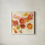 Poppies Delight Crop I by Danhui Nai. Shown in a crisp white glass frame for a clean and minimalist style. Available as an archival giclee rolled canvas, fine art paper, or poster print. SKU 93201a.