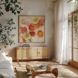 Poppies Delight Crop I by Danhui Nai. Shown in a natural wood frame in a cozy modern living room. Available as an archival giclee rolled canvas, fine art paper, or poster print. SKU 93201a.