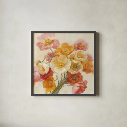 Poppies Delight Crop II by Danhui Nai. Shown in a sleek black glass frame for a contemporary gallery look. Available as an archival giclee rolled canvas, fine art paper, or poster print. SKU 93202a.