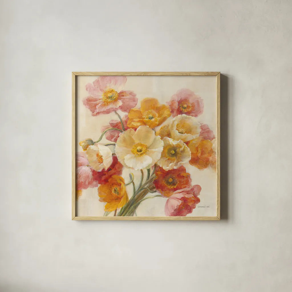 Poppies Delight Crop II by Danhui Nai. Shown in a natural wood glass frame for a timeless modern aesthetic. Available as an archival giclee rolled canvas, fine art paper, or poster print. SKU 93202a.