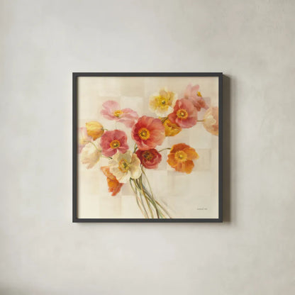 Poppies Delight I by Danhui Nai. Shown in a sleek black glass frame for a contemporary gallery look. Available as an archival giclee rolled canvas, fine art paper, or poster print. SKU 9382a.
