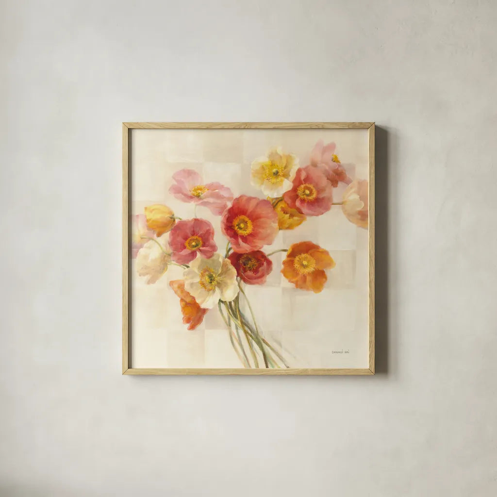 Poppies Delight I by Danhui Nai. Shown in a natural wood glass frame for a timeless modern aesthetic. Available as an archival giclee rolled canvas, fine art paper, or poster print. SKU 9382a.