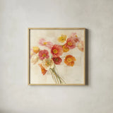 Poppies Delight I by Danhui Nai. Shown in a natural wood glass frame for a timeless modern aesthetic. Available as an archival giclee rolled canvas, fine art paper, or poster print. SKU 9382a.