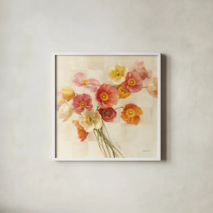 Poppies Delight I by Danhui Nai. Shown in a crisp white glass frame for a clean and minimalist style. Available as an archival giclee rolled canvas, fine art paper, or poster print. SKU 9382a.