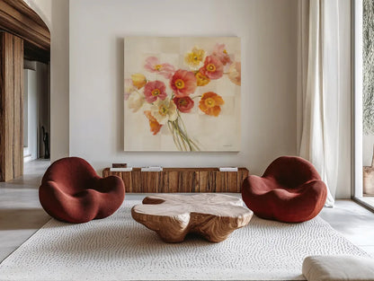 Poppies Delight I by Danhui Nai. Shown as extra-large giant wall art in a modern living room. Available as an archival giclee rolled canvas, fine art paper, or poster print. SKU 9382a.