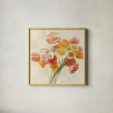 Poppies Delight II by Danhui Nai. Shown in a natural wood glass frame for a timeless modern aesthetic. Available as an archival giclee rolled canvas, fine art paper, or poster print. SKU 9383a.