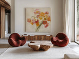 Poppies Delight II by Danhui Nai. Shown as extra-large giant wall art in a modern living room. Available as an archival giclee rolled canvas, fine art paper, or poster print. SKU 9383a.