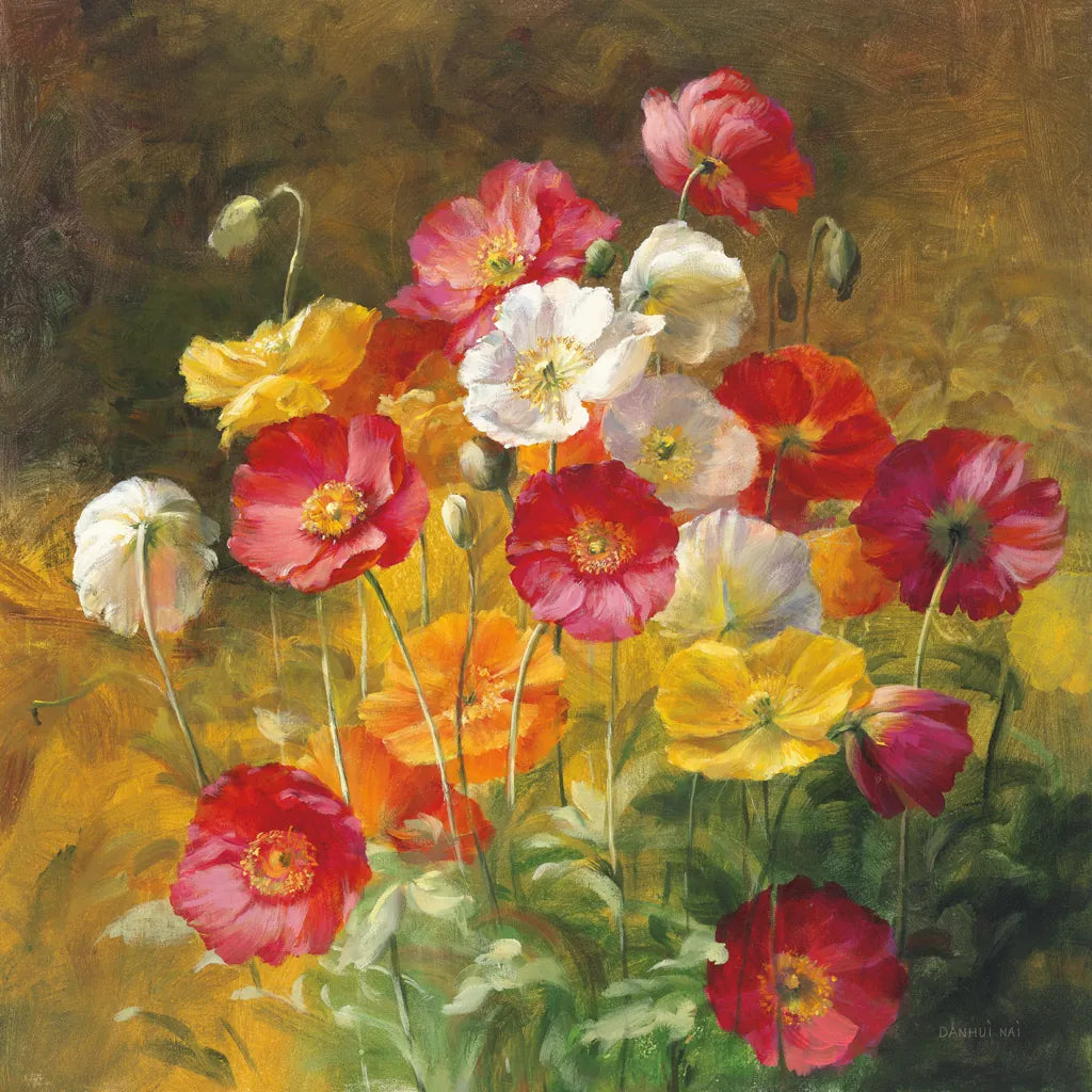 Poppies in the Field on Brown by Danhui Nai. SKU 29197a. Archival Giclee Fine art print for wall decor.