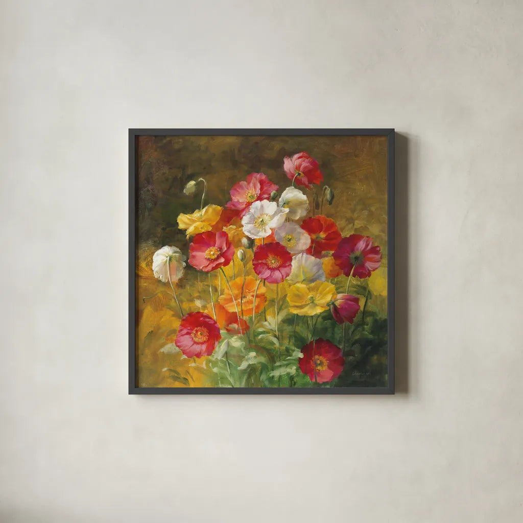 Poppies in the Field on Brown by Danhui Nai. Shown in a sleek black glass frame for a contemporary gallery look. Available as an archival giclee rolled canvas, fine art paper, or poster print. SKU 29197a.