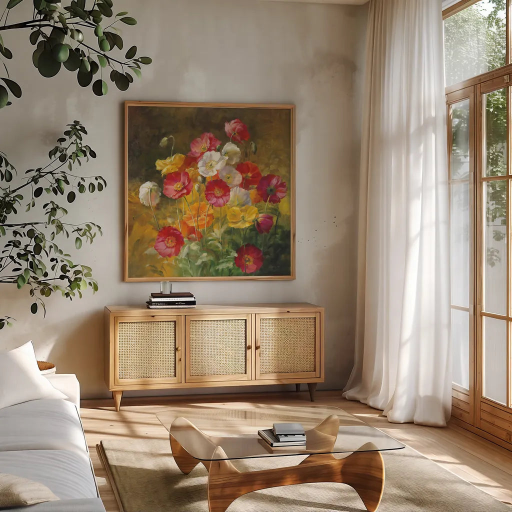 Poppies in the Field on Brown by Danhui Nai. Shown in a natural wood frame in a cozy modern living room. Available as an archival giclee rolled canvas, fine art paper, or poster print. SKU 29197a.