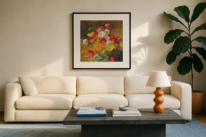 Poppies in the Field on Brown by Danhui Nai. Displayed in a glass frame with matte in a clean modern living room. Available as an archival giclee rolled canvas, fine art paper, or poster print. SKU 29197a.