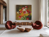 Poppies in the Field on Brown by Danhui Nai. Shown as extra-large giant wall art in a modern living room. Available as an archival giclee rolled canvas, fine art paper, or poster print. SKU 29197a.